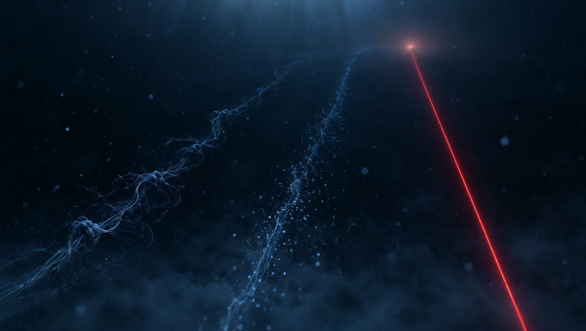 Three paths of light in a dark space: one tangled, one scattering, one clean red line running straight to its destination.